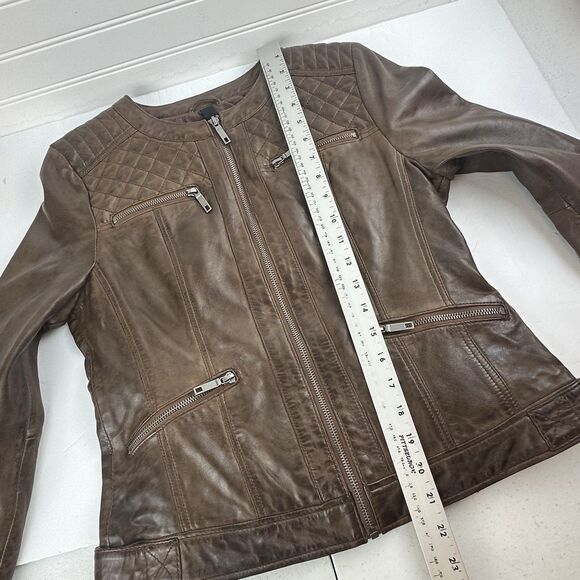 Brown Leather Moto Racing Biker Jacket Womens Small Full Zip Quilted Butter Soft - Picture 9 of 13